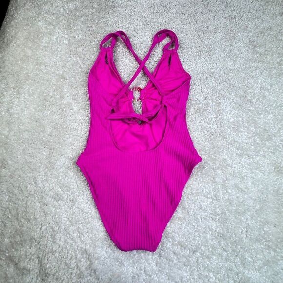 Becca One Piece Ring Center Tie Back Swimsuit Azalea Pink Large - Picture 2 of 9